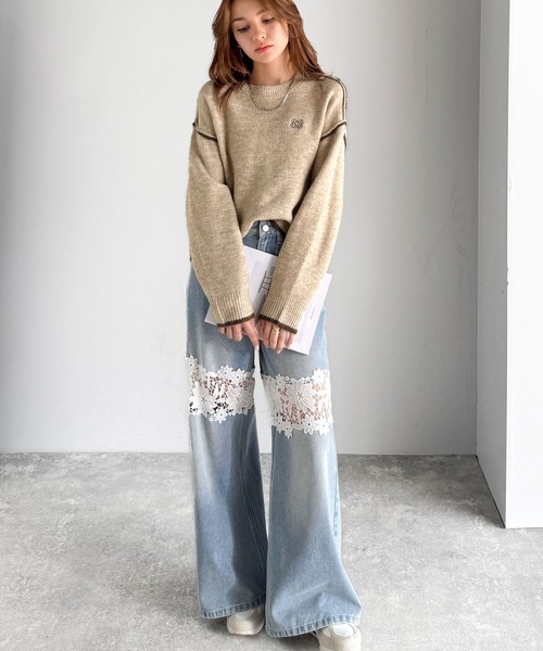 mily bilet(ミウィビレット)の「【mily bilet】シンプルながらも個性が引き立つ。アウトリンキング胸刺繍ミックスニット(ニット/セーター・レディース・グレー/ベージュ/ブラウン/ブラック・X-LARGE/SMALL/MEDIUM/LARGE)」の22枚目の写真