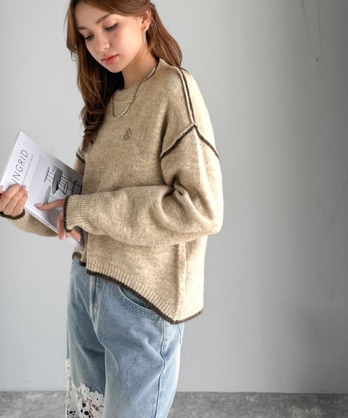 mily bilet(ミウィビレット)の「【mily bilet】シンプルながらも個性が引き立つ。アウトリンキング胸刺繍ミックスニット(ニット/セーター・レディース・グレー/ベージュ/ブラウン/ブラック・X-LARGE/SMALL/MEDIUM/LARGE)」の21枚目の写真