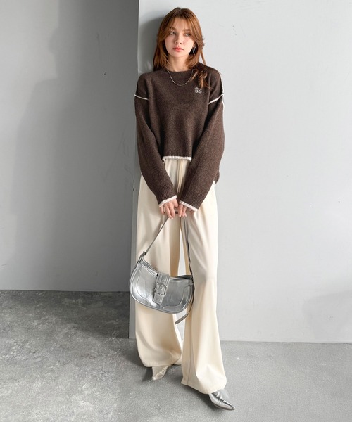 mily bilet(ミウィビレット)の「【mily bilet】シンプルながらも個性が引き立つ。アウトリンキング胸刺繍ミックスニット(ニット/セーター・レディース・グレー/ベージュ/ブラウン/ブラック・X-LARGE/SMALL/MEDIUM/LARGE)」の17枚目の写真