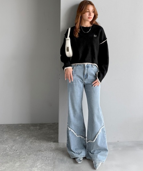 mily bilet(ミウィビレット)の「【mily bilet】シンプルながらも個性が引き立つ。アウトリンキング胸刺繍ミックスニット(ニット/セーター・レディース・グレー/ベージュ/ブラウン/ブラック・X-LARGE/SMALL/MEDIUM/LARGE)」の8枚目の写真