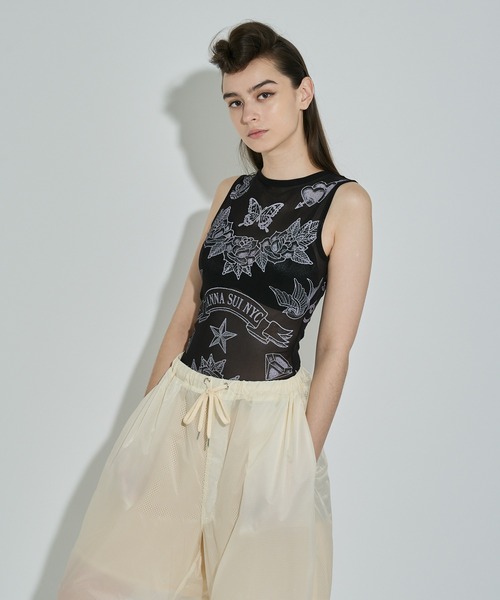 ANNA SUI NYC（アナ スイ エヌ ワイ シー）の「タトゥープリントメッシュタンクトップ（タンクトップ・レディース・ライム/ブラック・FREE）」の6枚目の写真