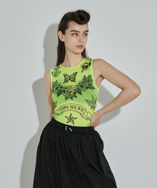 ANNA SUI NYC（アナ スイ エヌ ワイ シー）の「タトゥープリントメッシュタンクトップ（タンクトップ・レディース・ライム/ブラック・FREE）」の9枚目の写真