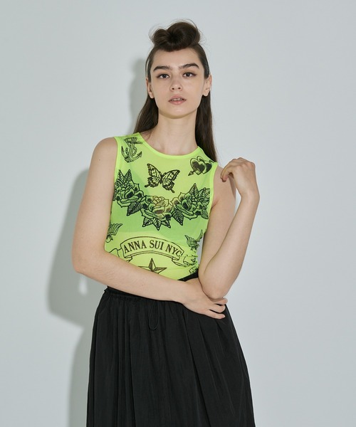 ANNA SUI NYC（アナ スイ エヌ ワイ シー）の「タトゥープリントメッシュタンクトップ（タンクトップ・レディース・ライム/ブラック・FREE）」の10枚目の写真