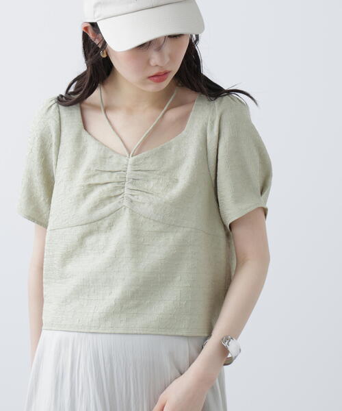 FREE'S MART(フリーズマート)の「フロントギャザーネックリボン付き半袖ブラウス(シャツ/ブラウス・レディース・ホワイト/ライトグリーン/ブラック・FREE)」の3枚目の写真