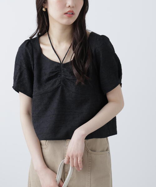 FREE'S MART(フリーズマート)の「フロントギャザーネックリボン付き半袖ブラウス(シャツ/ブラウス・レディース・ホワイト/ライトグリーン/ブラック・FREE)」の9枚目の写真