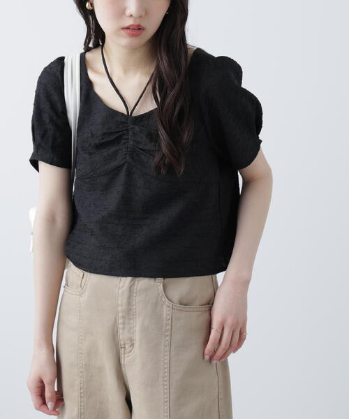 FREE'S MART(フリーズマート)の「フロントギャザーネックリボン付き半袖ブラウス(シャツ/ブラウス・レディース・ホワイト/ライトグリーン/ブラック・FREE)」の8枚目の写真