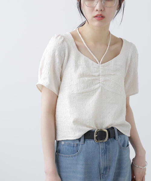 FREE'S MART(フリーズマート)の「フロントギャザーネックリボン付き半袖ブラウス(シャツ/ブラウス・レディース・ホワイト/ライトグリーン/ブラック・FREE)」の17枚目の写真