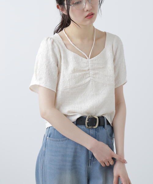 FREE'S MART(フリーズマート)の「フロントギャザーネックリボン付き半袖ブラウス(シャツ/ブラウス・レディース・ホワイト/ライトグリーン/ブラック・FREE)」の18枚目の写真