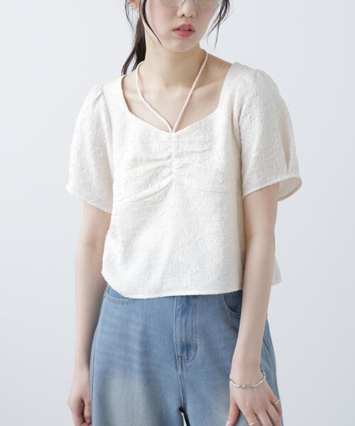 FREE'S MART(フリーズマート)の「フロントギャザーネックリボン付き半袖ブラウス(シャツ/ブラウス・レディース・ホワイト/ライトグリーン/ブラック・FREE)」の21枚目の写真