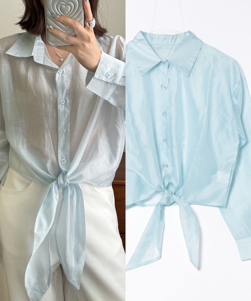 L LABEL（エルラベル）の「タイフロントシアーシャツ（シャツ/ブラウス・レディース・ブルー/ホワイト/グリーン/ピンク/イエロー・FREE）」の4枚目の写真