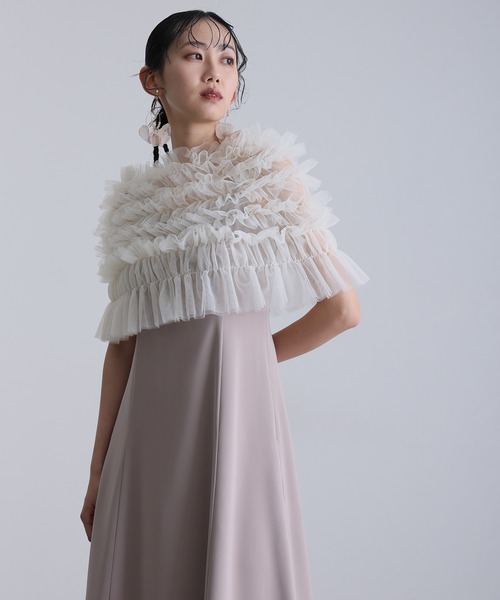 atlo(アトロ)の「ロング&ノースリーブ フォーマル シャーリング チュール 2点セット Aライン セレモニー 結婚式 二次会 パーティー ドレス オケージョンドレス 同窓会 成人式 お呼ばれ 謝恩会 20代 30代(ドレス・レディース・アイボリー/グレイッシュベージュ/ダークグレー・M/L)」の5枚目の写真