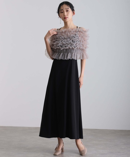 atlo(アトロ)の「ロング&ノースリーブ フォーマル シャーリング チュール 2点セット Aライン セレモニー 結婚式 二次会 パーティー ドレス オケージョンドレス 同窓会 成人式 お呼ばれ 謝恩会 20代 30代(ドレス・レディース・アイボリー/グレイッシュベージュ/ダークグレー・M/L)」の11枚目の写真