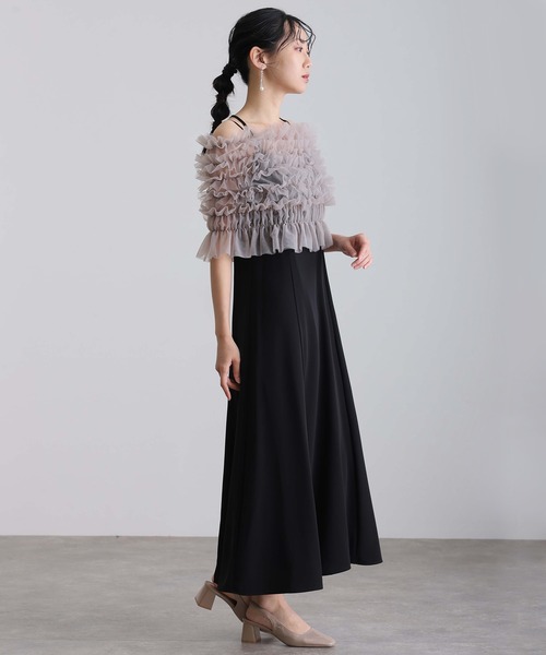atlo(アトロ)の「ロング&ノースリーブ フォーマル シャーリング チュール 2点セット Aライン セレモニー 結婚式 二次会 パーティー ドレス オケージョンドレス 同窓会 成人式 お呼ばれ 謝恩会 20代 30代(ドレス・レディース・アイボリー/グレイッシュベージュ/ダークグレー・M/L)」の12枚目の写真