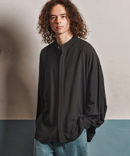 CAMBIO（カンビオ）の「ms6193-ルーズシルエットスタンドカラー比翼シャツ(CMB-R0184)（シャツ/ブラウス・メンズ・ホワイト/ブラック/サックスブルー/ブルーグリーン・S/M/L）」の2枚目の写真