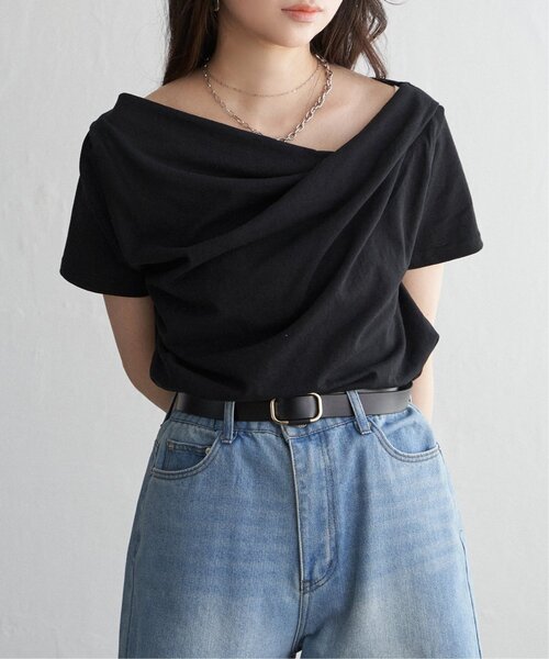 VENCEEXCHANGE（ヴァンスエクスチェンジ）の「綿天竺半袖ドレープTシャツ（Tシャツ/カットソー・レディース・オフホワイト/その他1/ブラック・FREE）」の20枚目の写真