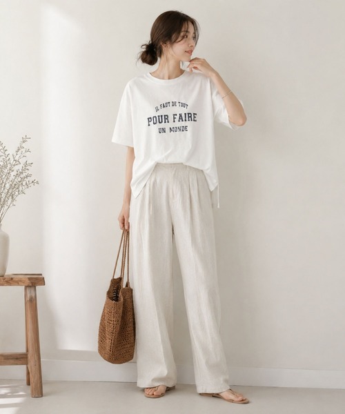 Mac-House(マックハウス)の「Idnes POUR FAIRE ロゴプリントTシャツ(Tシャツ/カットソー・レディース・オフホワイト/ネイビー/キャメル・M)」の19枚目の写真
