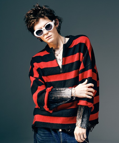 glamb(グラム)の「Damage Glitter Knit / ダメージグリッターニット(ニット/セーター・メンズ・レッド/ブラック・S/M/L)」の1枚目の写真