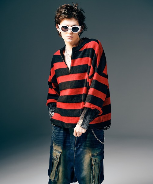 glamb(グラム)の「Damage Glitter Knit / ダメージグリッターニット(ニット/セーター・メンズ・レッド/ブラック・S/M/L)」の8枚目の写真