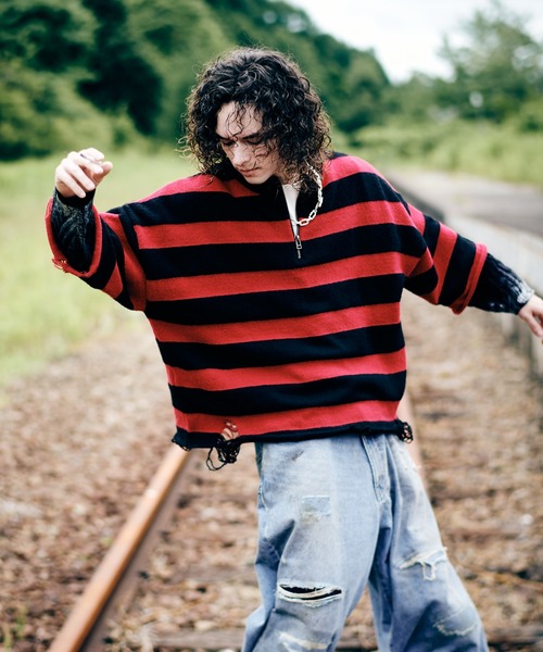 glamb(グラム)の「Damage Glitter Knit / ダメージグリッターニット(ニット/セーター・メンズ・レッド/ブラック・S/M/L)」の15枚目の写真