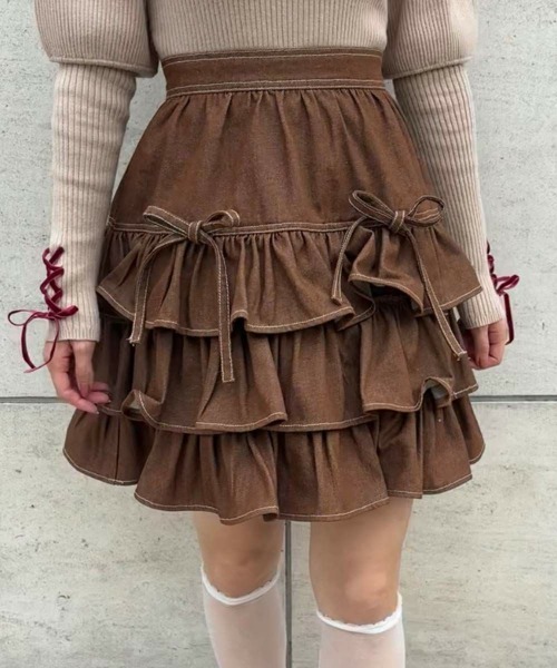 F i.n.t(フィント)の「ダブルリボンフリルデニムミニスカート/fint フィント(スカート・レディース・インディゴブルー/ブラウン・FREE)」の18枚目の写真