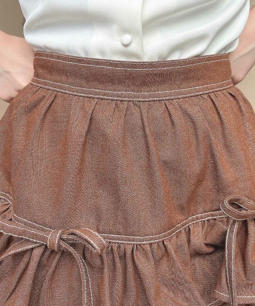 F i.n.t(フィント)の「ダブルリボンフリルデニムミニスカート/fint フィント(スカート・レディース・インディゴブルー/ブラウン・FREE)」の3枚目の写真