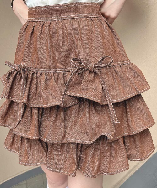 F i.n.t(フィント)の「ダブルリボンフリルデニムミニスカート/fint フィント(スカート・レディース・インディゴブルー/ブラウン・FREE)」の5枚目の写真