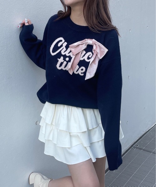 one way（ワンウェイ）の「リボンロゴジャガードニット（ニット/セーター・レディース・レッド/ネイビー/ホワイト/グレー・FREE）」の4枚目の写真