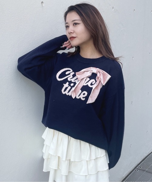 one way（ワンウェイ）の「リボンロゴジャガードニット（ニット/セーター・レディース・レッド/ネイビー/ホワイト/グレー・FREE）」の5枚目の写真