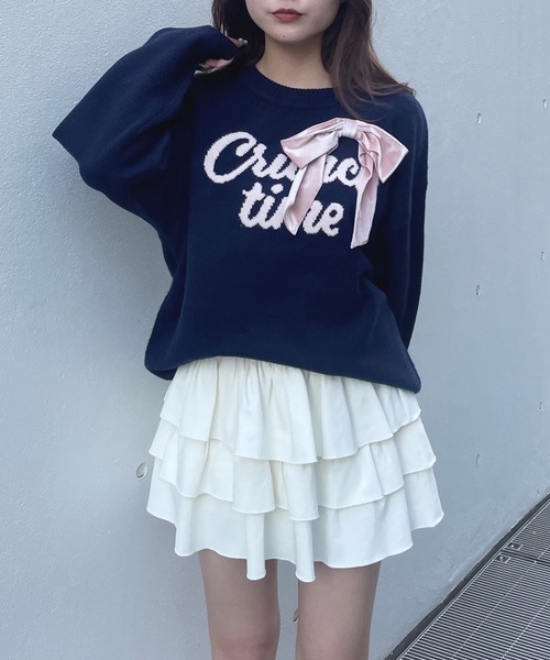 one way（ワンウェイ）の「リボンロゴジャガードニット（ニット/セーター・レディース・レッド/ネイビー/ホワイト/グレー・FREE）」の7枚目の写真