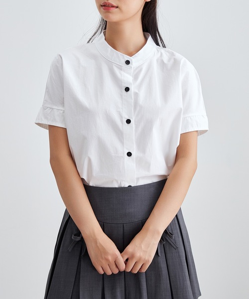 Lace Ladies(レースレディース)の「バンドカラー 前開き 半袖 ベーシック シャツ(シャツ/ブラウス・レディース・ネイビー/ホワイト/ブラック/アイボリー・S/FREE)」の2枚目の写真