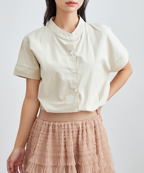 Lace Ladies(レースレディース)の「バンドカラー 前開き 半袖 ベーシック シャツ(シャツ/ブラウス・レディース・ネイビー/ホワイト/ブラック/アイボリー・S/FREE)」の3枚目の写真
