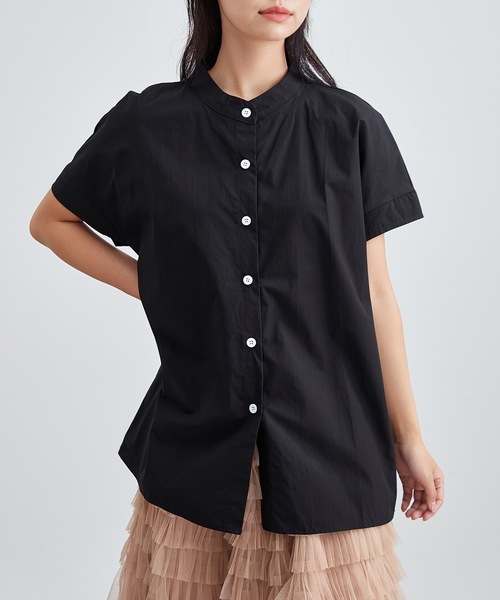 Lace Ladies(レースレディース)の「バンドカラー 前開き 半袖 ベーシック シャツ(シャツ/ブラウス・レディース・ネイビー/ホワイト/ブラック/アイボリー・S/FREE)」の1枚目の写真