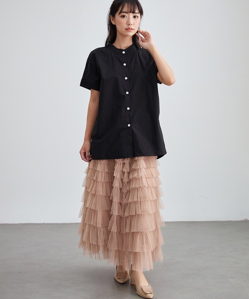 Lace Ladies(レースレディース)の「バンドカラー 前開き 半袖 ベーシック シャツ(シャツ/ブラウス・レディース・ネイビー/ホワイト/ブラック/アイボリー・S/FREE)」の6枚目の写真