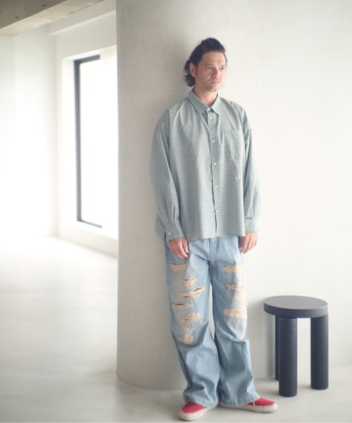 ADAM PATEK(アダムパテック)の「ADAMPATEK/small check wide shirt/スモールチェック刺繍入りワイドボックスシャツ(AP2525008)(シャツ/ブラウス・レディース・グリーン/ブラック・1/2)」の17枚目の写真