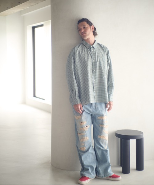 ADAM PATEK(アダムパテック)の「ADAMPATEK/small check wide shirt/スモールチェック刺繍入りワイドボックスシャツ(AP2525008)(シャツ/ブラウス・レディース・グリーン/ブラック・1/2)」の3枚目の写真