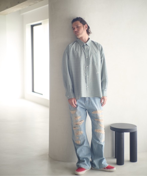 ADAM PATEK(アダムパテック)の「ADAMPATEK/small check wide shirt/スモールチェック刺繍入りワイドボックスシャツ(AP2525008)(シャツ/ブラウス・レディース・グリーン/ブラック・1/2)」の18枚目の写真