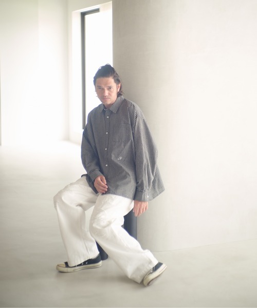ADAM PATEK(アダムパテック)の「ADAMPATEK/small check wide shirt/スモールチェック刺繍入りワイドボックスシャツ(AP2525008)(シャツ/ブラウス・レディース・グリーン/ブラック・1/2)」の9枚目の写真