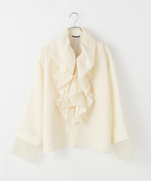 MIOSMOKEY（MIOSMOKEY）の「【MIOSMOKEY】RUFFLE BLOUSE（シャツ/ブラウス・レディース・ブラック/ホワイト・38）」の2枚目の写真