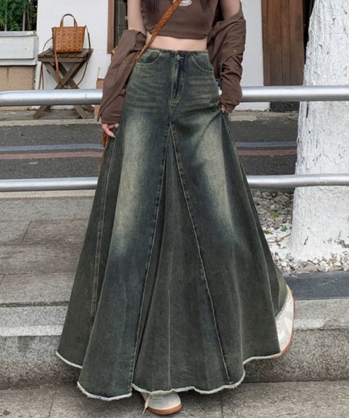 meJane（ミージェーン）の「ビンテージライクフレアーデニム ロングスカート（デニムスカート・レディース・ダークブルー・S/M/L）」の5枚目の写真