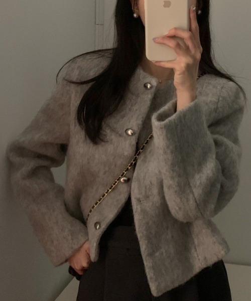 FREE STYLISTS(フリー スタイリスト)の「YUGA_YGMC Wool-like cropped jacket(ノーカラージャケット・レディース・オフホワイト/グレー・FREE)」の16枚目の写真