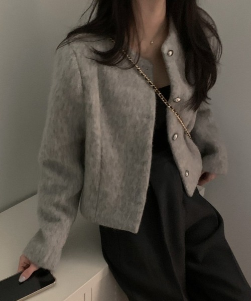 FREE STYLISTS(フリー スタイリスト)の「YUGA_YGMC Wool-like cropped jacket(ノーカラージャケット・レディース・オフホワイト/グレー・FREE)」の17枚目の写真