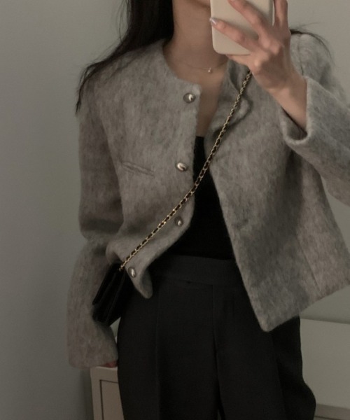 FREE STYLISTS(フリー スタイリスト)の「YUGA_YGMC Wool-like cropped jacket(ノーカラージャケット・レディース・オフホワイト/グレー・FREE)」の18枚目の写真