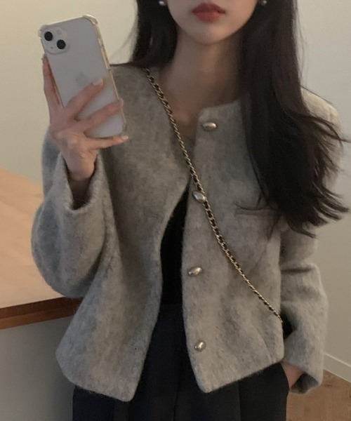 FREE STYLISTS(フリー スタイリスト)の「YUGA_YGMC Wool-like cropped jacket(ノーカラージャケット・レディース・オフホワイト/グレー・FREE)」の22枚目の写真
