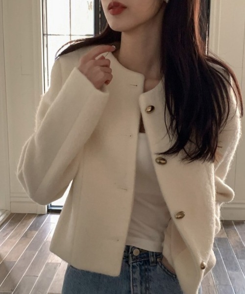 FREE STYLISTS(フリー スタイリスト)の「YUGA_YGMC Wool-like cropped jacket(ノーカラージャケット・レディース・オフホワイト/グレー・FREE)」の6枚目の写真