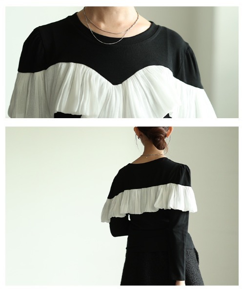 Sawa a la mode(サワアラモード)の「シフォンフリルカットソートップス(Tシャツ/カットソー・レディース・ブラック/ブラック×ホワイト・FREE)」の6枚目の写真