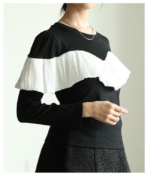 Sawa a la mode(サワアラモード)の「シフォンフリルカットソートップス(Tシャツ/カットソー・レディース・ブラック/ブラック×ホワイト・FREE)」の9枚目の写真