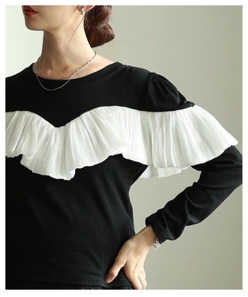 Sawa a la mode(サワアラモード)の「シフォンフリルカットソートップス(Tシャツ/カットソー・レディース・ブラック/ブラック×ホワイト・FREE)」の10枚目の写真