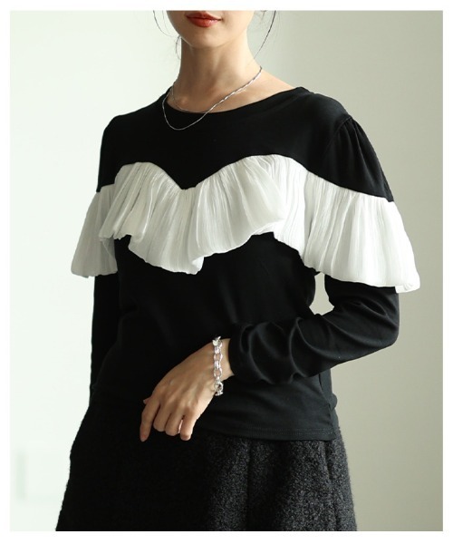 Sawa a la mode(サワアラモード)の「シフォンフリルカットソートップス(Tシャツ/カットソー・レディース・ブラック/ブラック×ホワイト・FREE)」の12枚目の写真