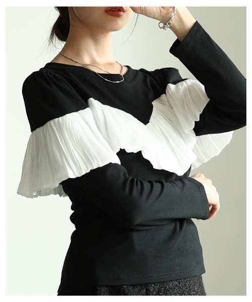 Sawa a la mode(サワアラモード)の「シフォンフリルカットソートップス(Tシャツ/カットソー・レディース・ブラック/ブラック×ホワイト・FREE)」の13枚目の写真