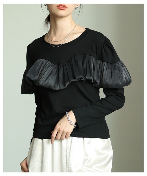 Sawa a la mode(サワアラモード)の「シフォンフリルカットソートップス(Tシャツ/カットソー・レディース・ブラック/ブラック×ホワイト・FREE)」の18枚目の写真